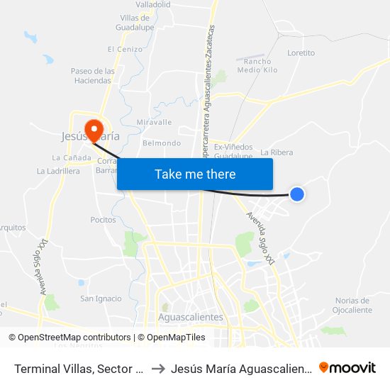 Terminal Villas, Sector Puertecito to Jesús María Aguascalientes Mexico map