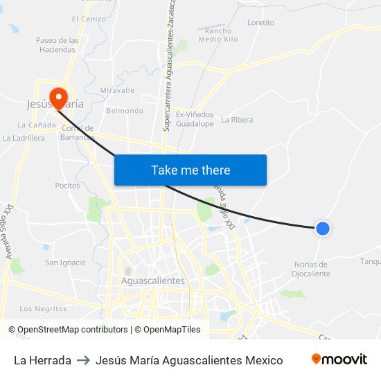 La Herrada to Jesús María Aguascalientes Mexico map