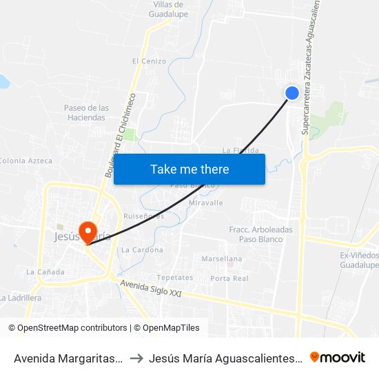 Avenida Margaritas, 201a to Jesús María Aguascalientes Mexico map