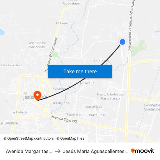 Avenida Margaritas, 103a to Jesús María Aguascalientes Mexico map