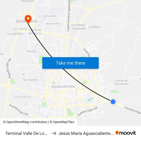 Terminal Valle De Los Cactus to Jesús María Aguascalientes Mexico map