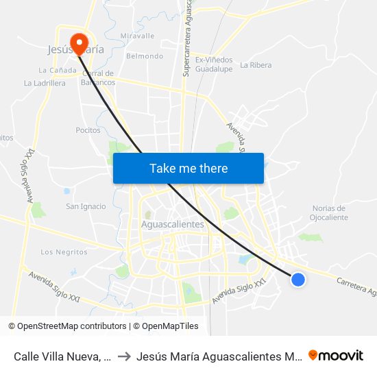 Calle Villa Nueva, 111 to Jesús María Aguascalientes Mexico map