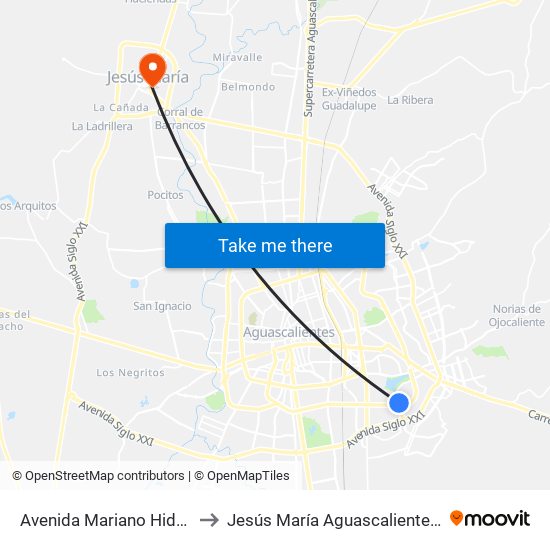 Avenida Mariano Hidalgo, 21 to Jesús María Aguascalientes Mexico map
