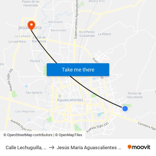 Calle Lechuguilla, 303 to Jesús María Aguascalientes Mexico map