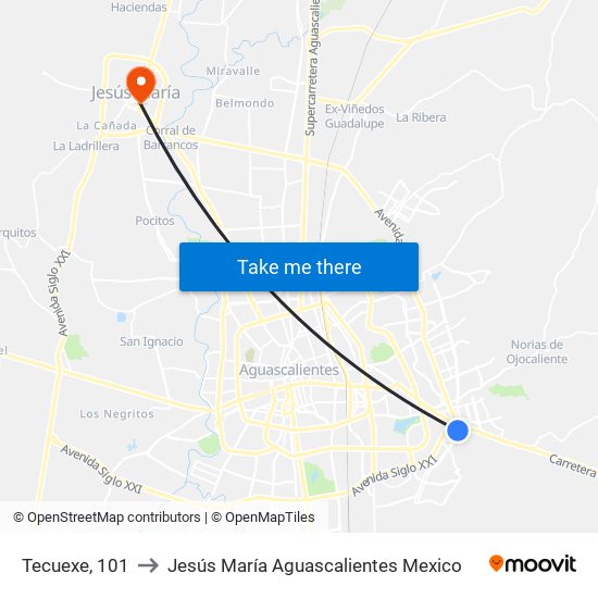 Tecuexe, 101 to Jesús María Aguascalientes Mexico map