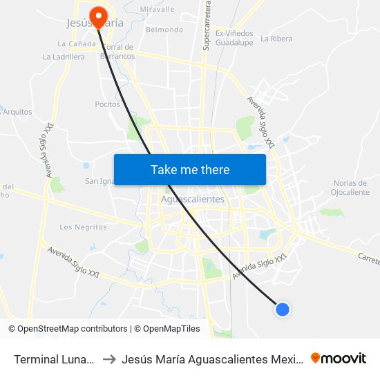 Terminal Lunaria to Jesús María Aguascalientes Mexico map