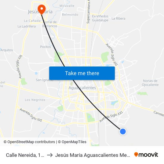 Calle Nereida, 124 to Jesús María Aguascalientes Mexico map