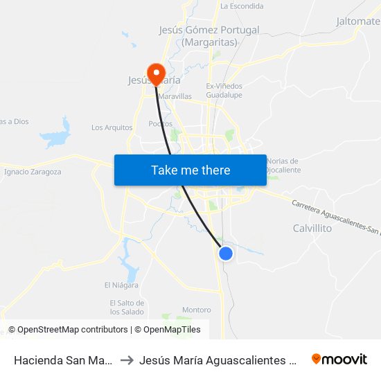 Hacienda San Marcos to Jesús María Aguascalientes Mexico map