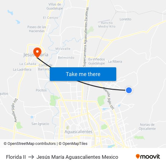 Florida II to Jesús María Aguascalientes Mexico map