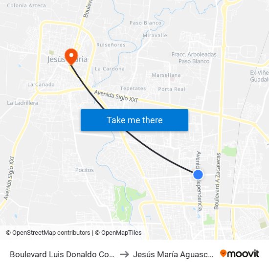 Boulevard Luis Donaldo Colosio Murrieta, 611 to Jesús María Aguascalientes Mexico map