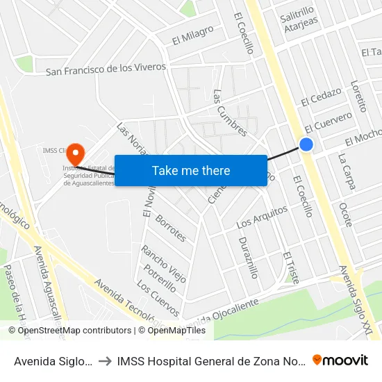 Avenida Siglo Xxi, 519 to IMSS Hospital General de Zona No. 2 Aguascalientes map