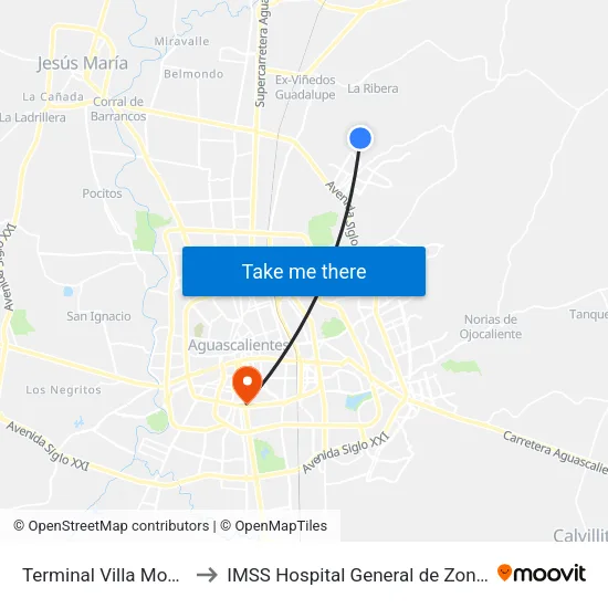 Terminal Villa Montaña to IMSS Hospital General de Zona No 1 map