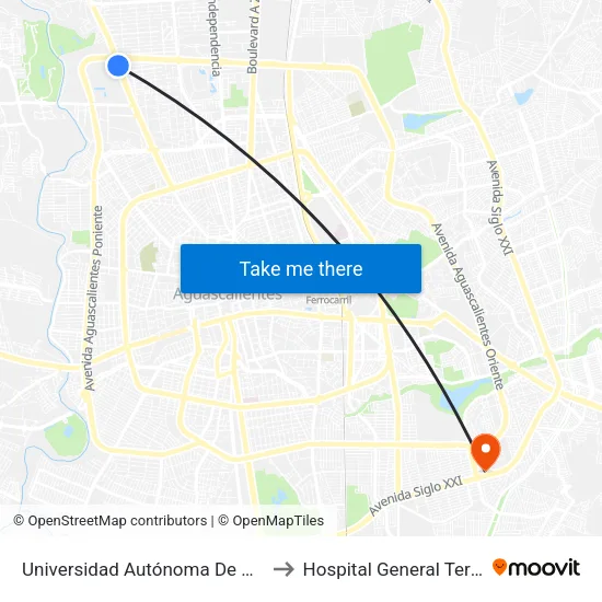 Universidad Autónoma De Aguascalientes to Hospital General Tercer Milenio map