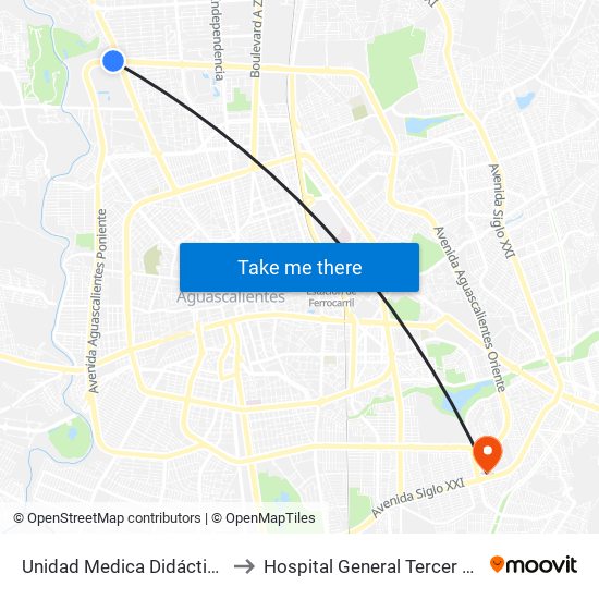 Unidad Medica Didáctica Uaa to Hospital General Tercer Milenio map