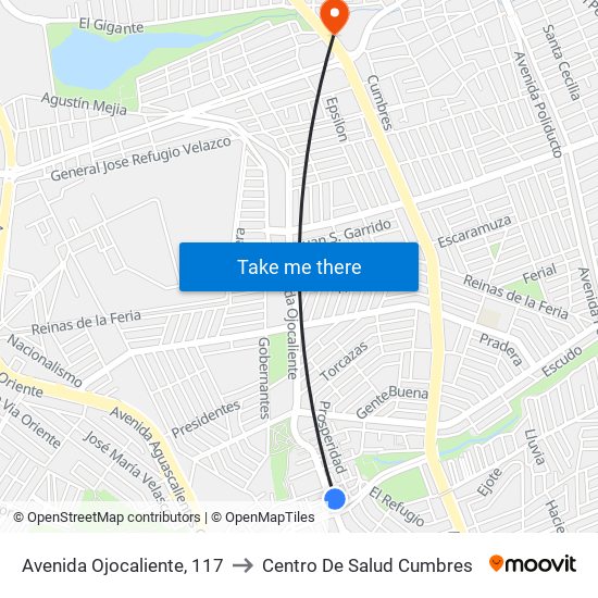 Avenida Ojocaliente, 117 to Centro De Salud Cumbres map