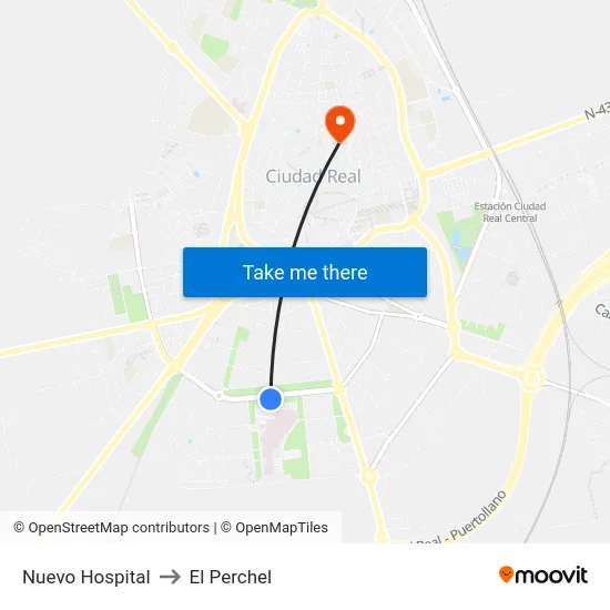 Nuevo Hospital to El Perchel map