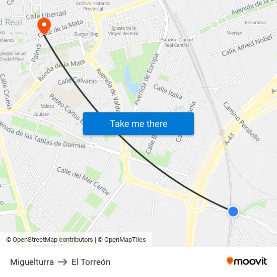 Miguelturra to El Torreón map
