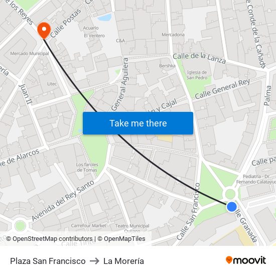 Plaza San Francisco to La Morería map
