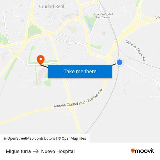 Miguelturra to Nuevo Hospital map