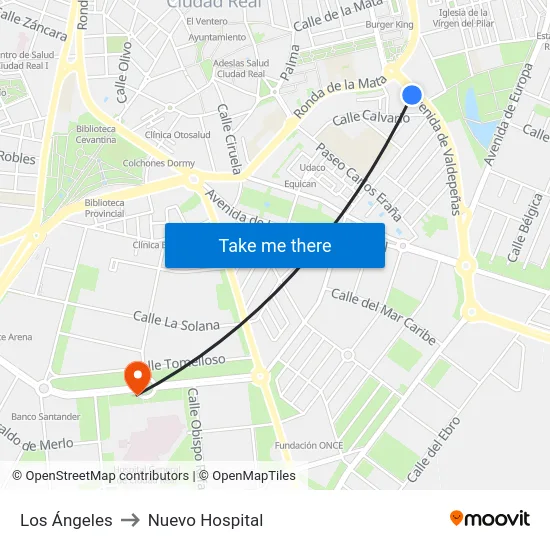 Los Ángeles to Nuevo Hospital map