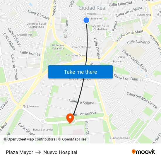 Plaza Mayor to Nuevo Hospital map