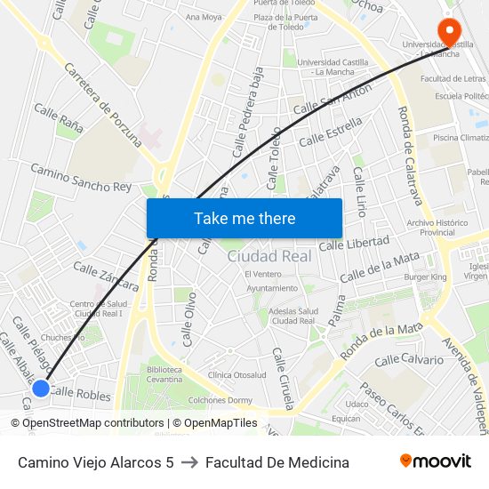 Camino Viejo Alarcos 5 to Facultad De Medicina map