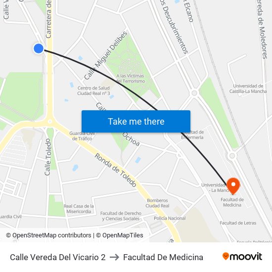 Calle Vereda Del Vicario 2 to Facultad De Medicina map