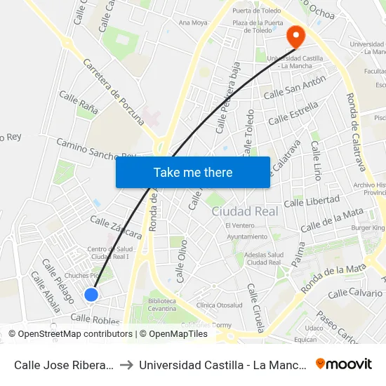 Calle Jose Ribera 1 to Universidad Castilla - La Mancha map