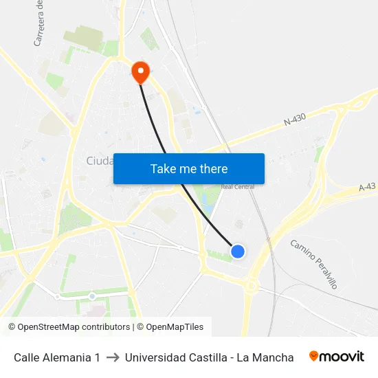Calle Alemania 1 to Universidad Castilla - La Mancha map