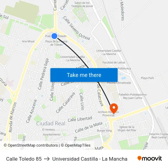 Calle Toledo 85 to Universidad Castilla - La Mancha map
