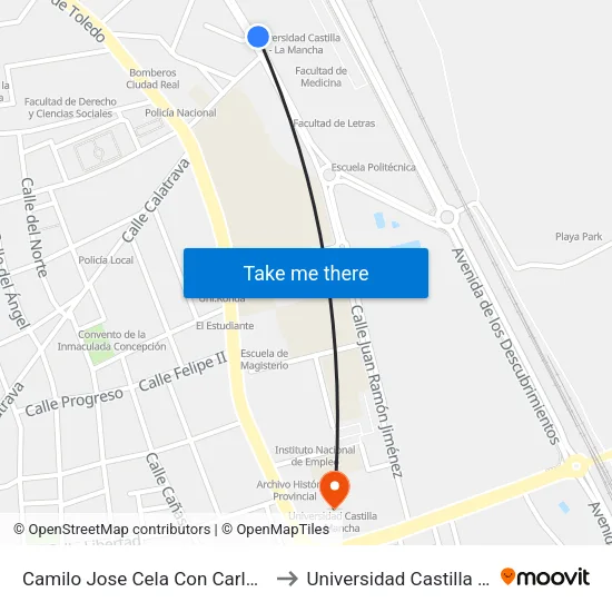 Camilo Jose Cela Con Carlos Lopez Bustos to Universidad Castilla - La Mancha map