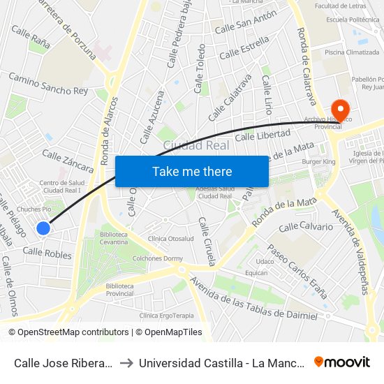 Calle Jose Ribera 1 to Universidad Castilla - La Mancha map