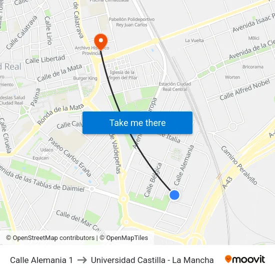 Calle Alemania 1 to Universidad Castilla - La Mancha map