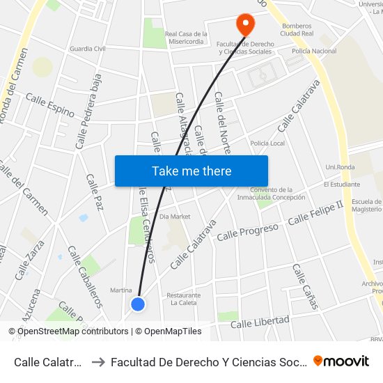 Calle Calatrava to Facultad De Derecho Y Ciencias Sociales map