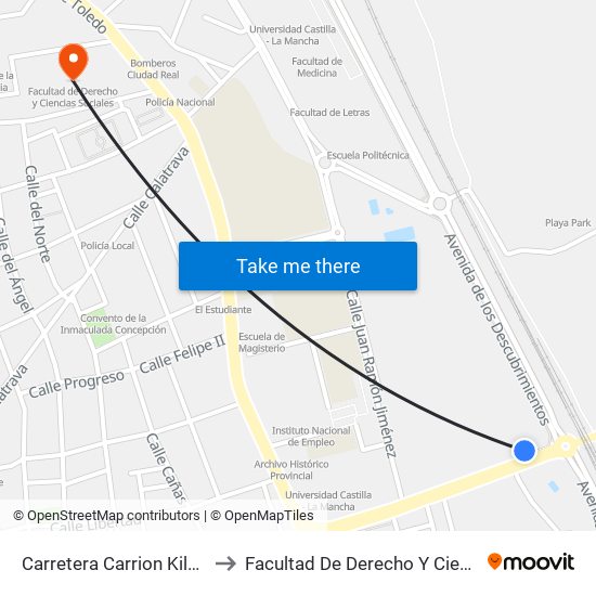 Carretera Carrion Kilometro 309 to Facultad De Derecho Y Ciencias Sociales map