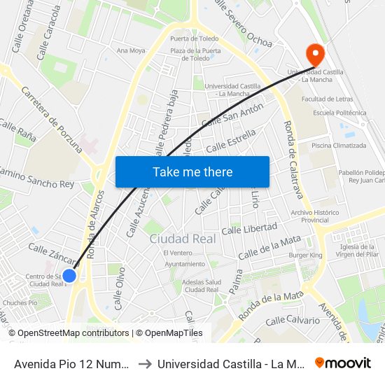 Avenida Pio 12 Numero 8 to Universidad Castilla - La Mancha map