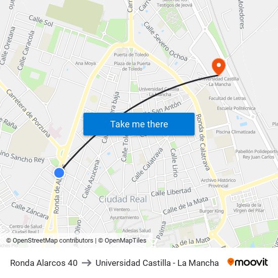 Ronda Alarcos 40 to Universidad Castilla - La Mancha map