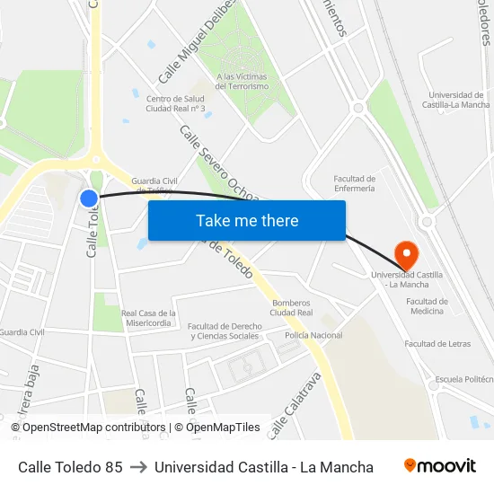Calle Toledo 85 to Universidad Castilla - La Mancha map