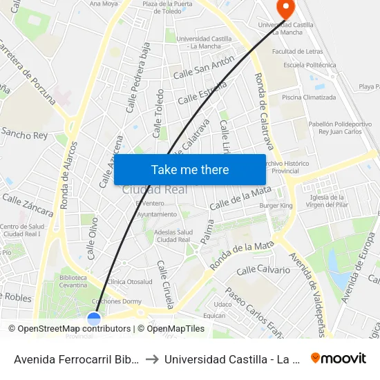 Avenida Ferrocarril Biblioteca to Universidad Castilla - La Mancha map