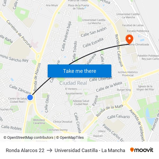 Ronda Alarcos 22 to Universidad Castilla - La Mancha map