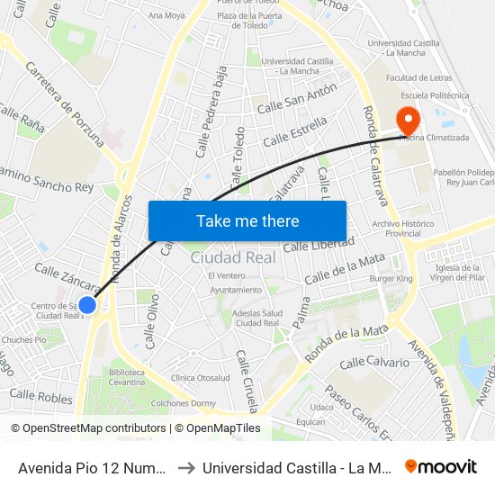 Avenida Pio 12 Numero 8 to Universidad Castilla - La Mancha map