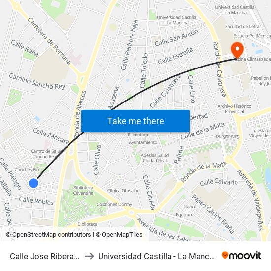 Calle Jose Ribera 1 to Universidad Castilla - La Mancha map
