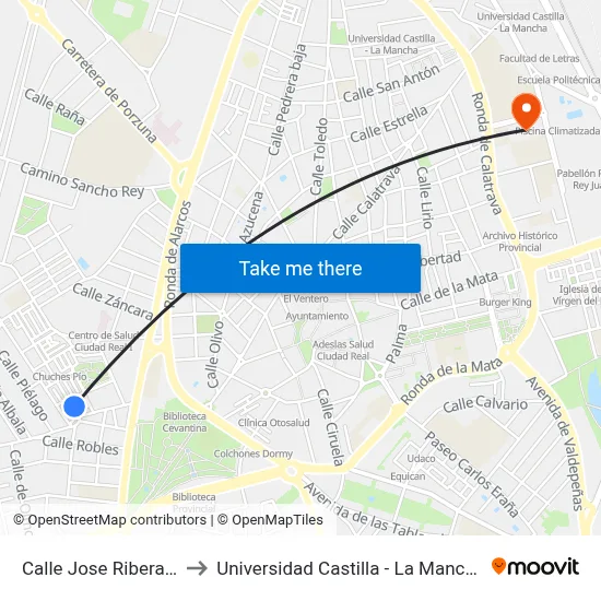 Calle Jose Ribera 1 to Universidad Castilla - La Mancha map
