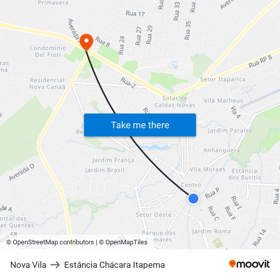 Nova Vila to Estância Chácara Itapema map