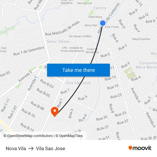 Nova Vila to Vila Sao Jose map