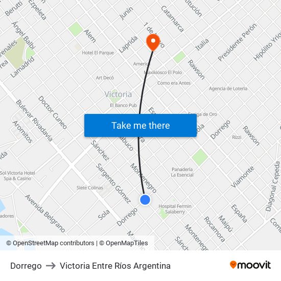 Dorrego to Victoria Entre Ríos Argentina map