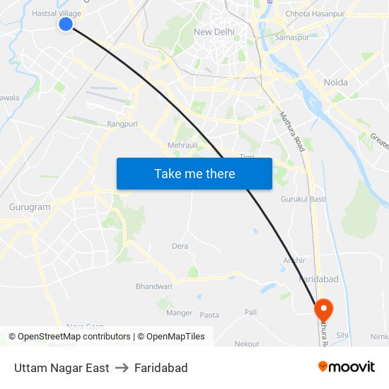 Uttam Nagar East to Faridabad map