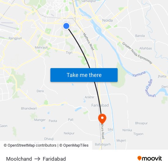 Moolchand to Faridabad map