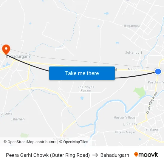 Peera Garhi Chowk (Outer Ring Road) to Bahadurgarh map