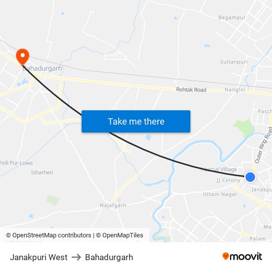 Janakpuri West to Bahadurgarh map